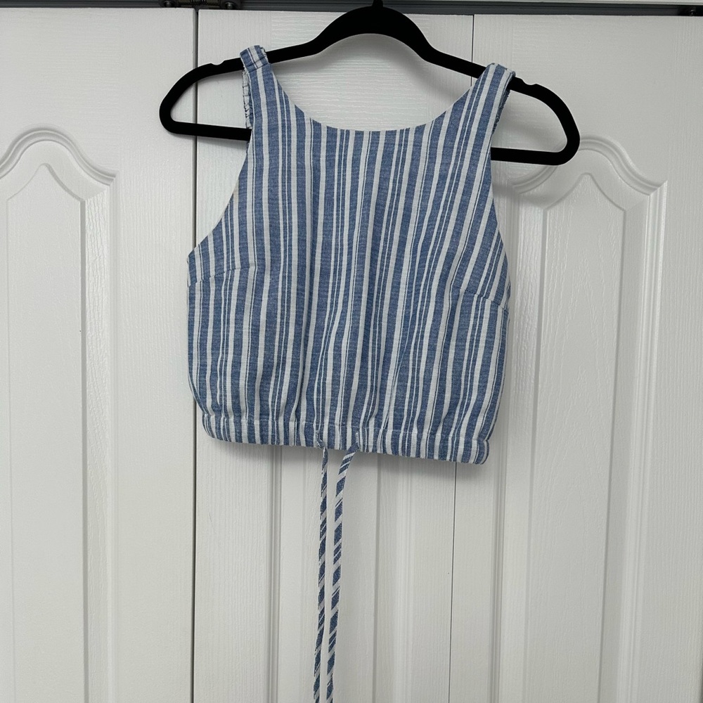 Denim Stripe Print Sleeveless Drawstring Crop Top
